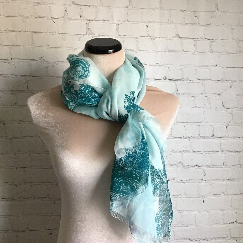 Per Se Semi Sheer Long Scarf Aqua Blue Turquoise Paisley Print 70x20 Fringed